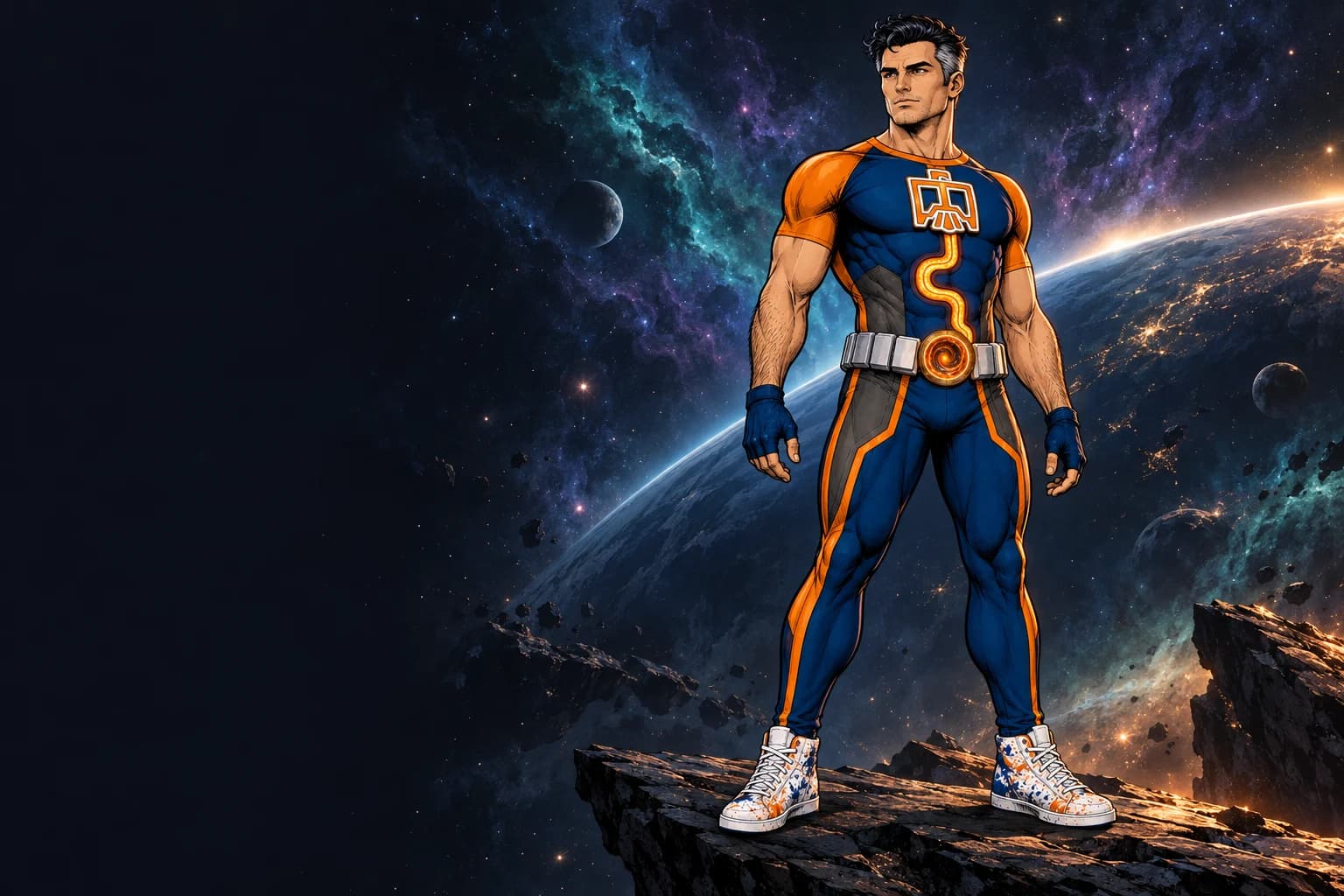 Nebulad in his blue and orange suit, eagle emblem, glowing portal belt, fingerless gloves, and paint-splattered sneakers against a cosmic sky